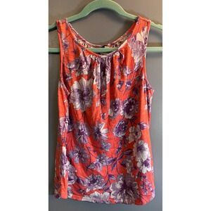 Cupio Womens Floral Sleeveless Tank Top Coral Orange Purple Slub Knit Size M